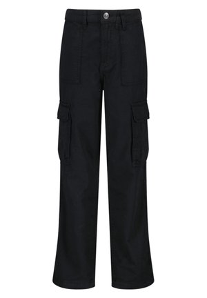 Pantaloni cargo neri in tessuto resistente, con gambe larghe, due tasche laterali e chiusura con bottoni. Tessuto liscio, design casual.