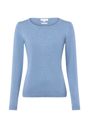 Helles blaues Langarm-Sweatshirt mit Rundhalsausschnitt. Weicher, strukturierter Stoff und gerippte Bündchen und Saum. Schlichtes, klassisches Design ohne Verzierungen.