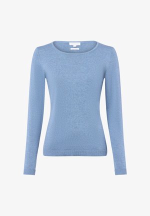 Jasnoniebieski sweter z długim rękawem i okrągłym dekoltem. Miękka, teksturowana tkanina oraz prążkowane mankiety i dół. Prosty, klasyczny design bez zdobień.