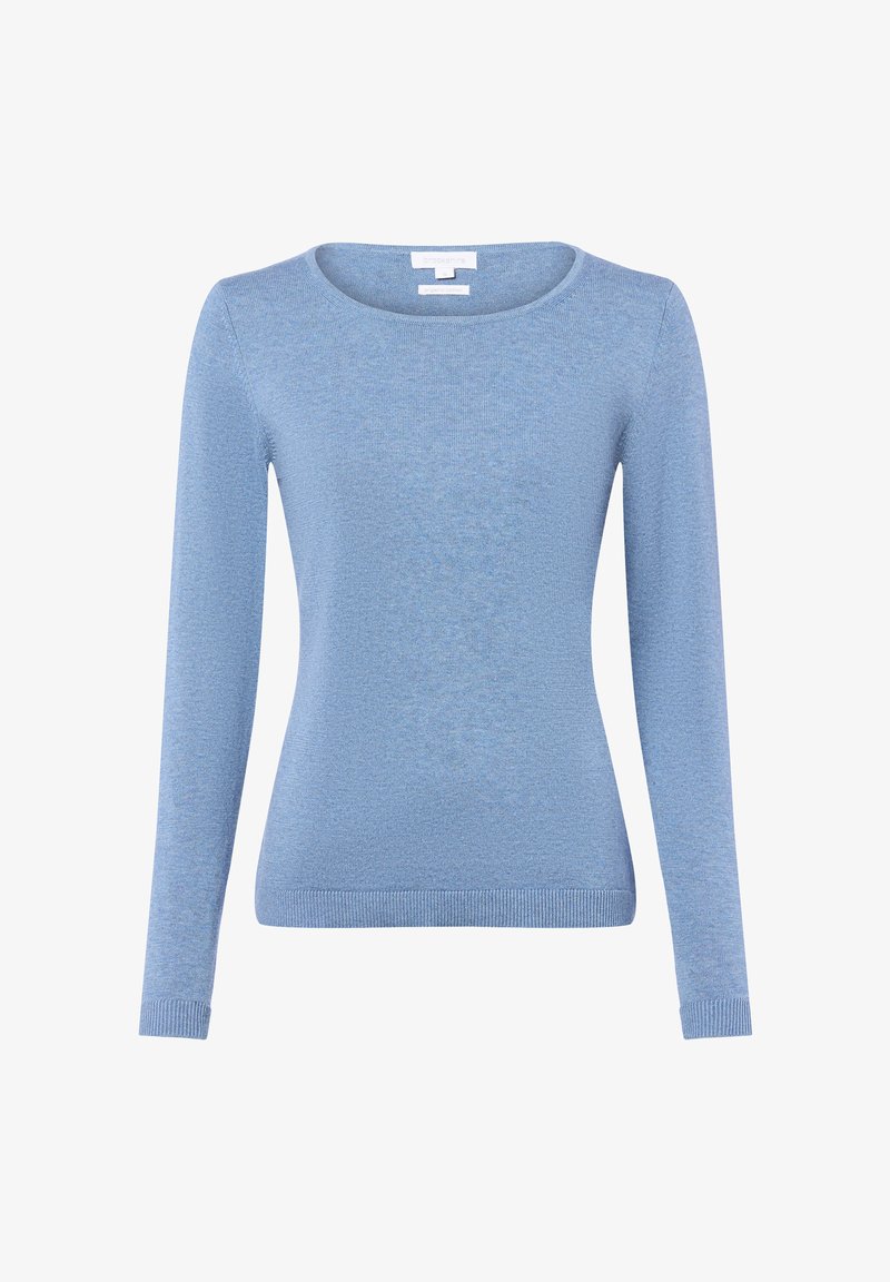 Jasnoniebieski sweter z długim rękawem i okrągłym dekoltem. Miękka, teksturowana tkanina oraz prążkowane mankiety i dół. Prosty, klasyczny design bez zdobień.