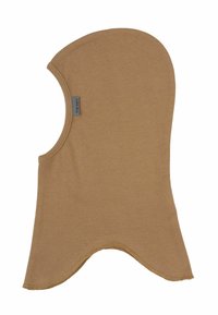 Balaclava in cotone marrone con cima arrotondata, lati aperti e orlo curvo. Presenta un piccolo etichetta in tessuto sul lato. Texture morbida.