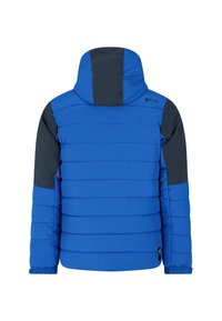 Modrá péřová bunda s černými ramenními, kapucňovými a rukávovými patkami, s vodorovným prošíváním a elastickými manžetami, zobrazená ze zadní strany.