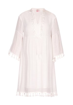 Bela tunika obleka iz lahkega materiala, s potiskom V-izreza, nabori ob prednjem delu in okrasnimi resicami na rokavih in robu.