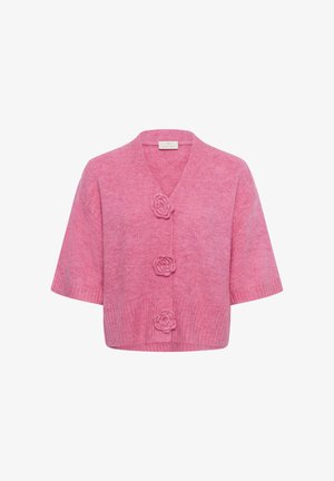 Trumpas rožinis kardiganas iš minkštos medžiagos. Savybės: trumpomis rankovėmis, V formos iškirpte ir trys tekstūruoti rožės formos sagos priekyje.