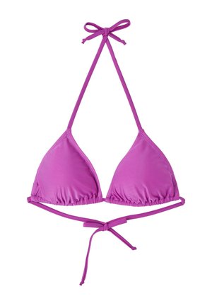 Top bikini a triangolo di un luminoso rosa, con sottili spalline regolabili e bordi arricciati. Presenta una chiusura a laccio sul retro per una vestibilità personalizzata.