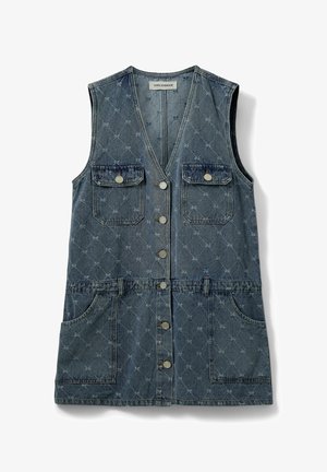 Ujjatlan kék farmer mellény elülső gombos záródással, két mellvényzseppel, gombokkal, és két alsó, nyitott zsebbel, gyémánt alakú steppelt mintával.