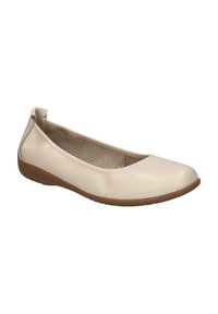 Beige leather ballet flat with a rounded toe, low profile, and slightly textured brown rubber sole. Minimalist design with no additional embellishments.
