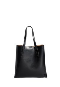 Borsa a spalla nera in pelle con due manici lunghi e una finitura liscia, leggermente lucida, su uno sfondo bianco.