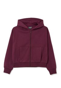 Felpa con zip color bordeaux in materiale morbido, con tasca frontale, maniche lunghe e cappuccio con cordino. Presenta polsini e orlo a coste.