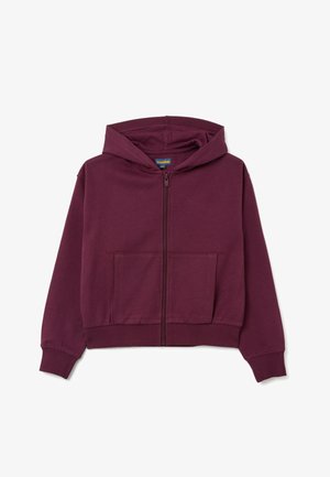 Felpa con zip color bordeaux in materiale morbido, con tasca frontale, maniche lunghe e cappuccio con cordino. Presenta polsini e orlo a coste.