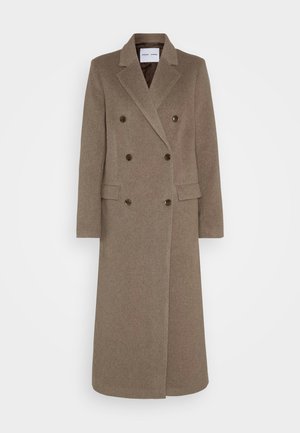 Double-breasted brown wool coat with notched lapels, two front pockets, and contrasting brown buttons. Length reaches mid-calf.
