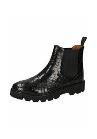 Botas chelsea negras hechas de cuero texturizado con estampado de cocodrilo, con paneles laterales elásticos y una suela de goma gruesa con dibujos.