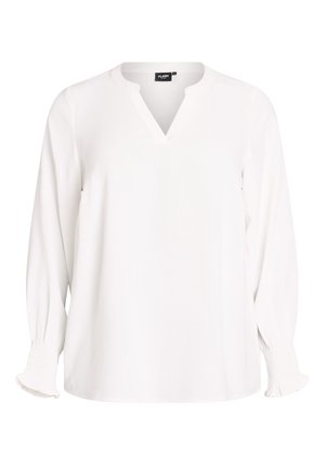 Balta garām piedurknēm blūze ar V veida izgriezumu un smalki rievotiem manžetēm, kas papildinātas ar smalkām volānu detaļām.