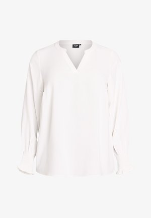Witte blouse met lange mouwen, V-hals en geplooide manchetten met subtiele ruches.
