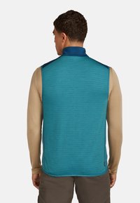 Muž viděný zezadu, oblečený v tyrkysové bezrukávové vestě přes béžovou dlouhou košili a tmavé kalhoty, na jednobarevném pozadí.