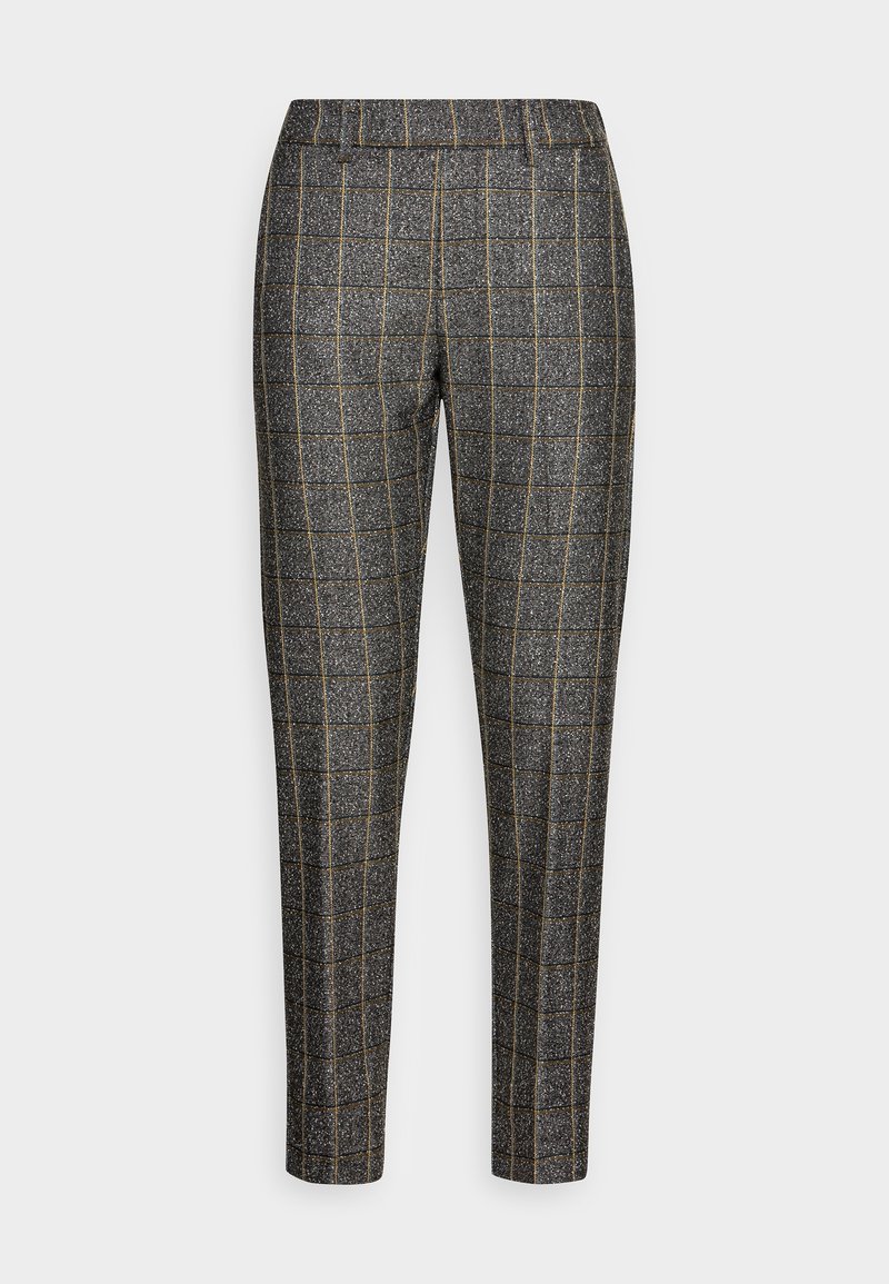 Gray checkered trousers made from a textured fabric with gold accents in the grid pattern, featuring a tailored fit and a mid-rise waistband.