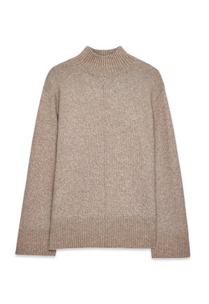 Beige neulottu pooloneulepaita, jossa pitkät hihat, resorit hihansuissa, helmassa ja kauluksessa sekä keskellä etuosaa pystysauma.