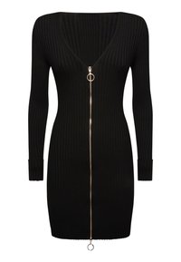 Musta ribbineuloksinen mekko, jossa pitkät hihat, syvä V-kaula-aukko ja täysipitkä etuvetoketju, jossa on pyöreä vetokahva. Materiaali on teksturoitu.
