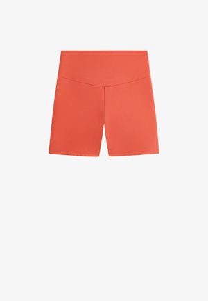 Coral-orange athletic shorts with a smooth, stretchy fabric, featuring a wide waistband and a simple, minimalist design.