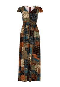 Robe maxi à manches courtes avec un design en patchwork dans des tons terre tels que le marron, le bleu-vert et la crème. Taille élastique pour un ajustement confortable.