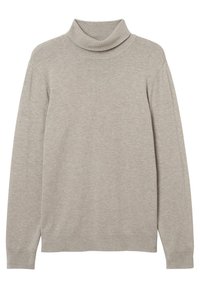 Jasnoszary sweter typu golf wyk wykonany z miękkiej dzianiny. Posiada prążkowany kołnierz i mankiety, luźny krój oraz minimalne detale.