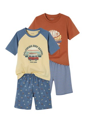 Two sets of children's summer pajamas: one with cream and blue surf-themed top and blue surfer print shorts, the other with rust shirt and blue and white striped shorts.