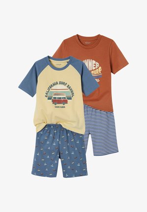 Two sets of children's summer pajamas: one with cream and blue surf-themed top and blue surfer print shorts, the other with rust shirt and blue and white striped shorts.