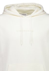 Off-white hoodie met trekkoorden, voorzak in kangoeroestijl en subtiel opgeheven "LINDBERGH" logo over de borst.