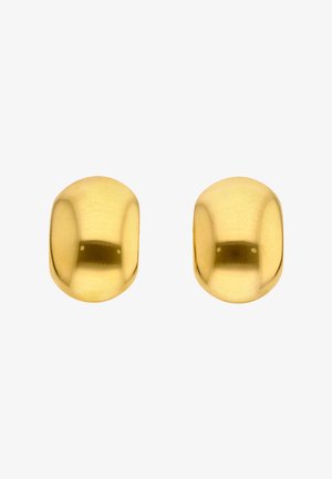 Pari sileitä, pyöreitä kullanvärisiä metallisia klipsikorvakoruja, joissa on kiillotettu heijastava pinta.
