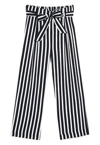 Pantalons large à rayures verticales noir et blanc avec une taille haute élastique et une ceinture assortie nouée à l'avant. Texture de tissu lisse.