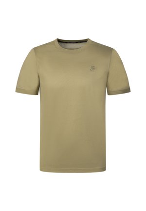 Schlichtes olivgrünes T-Shirt mit kurzen Ärmeln und Rundhalsausschnitt mit kleinem tonalem Logo auf der linken Brust vor weißem Hintergrund.