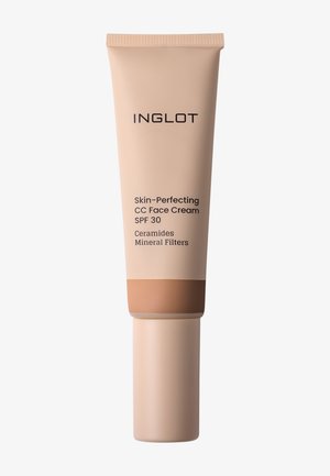 Inglot Skin-Perfecting CC kasvorasvatuubi SPF 30:llä, keramideilla ja mineraalisuodattimilla beigenvärisessä pakkauksessa.
