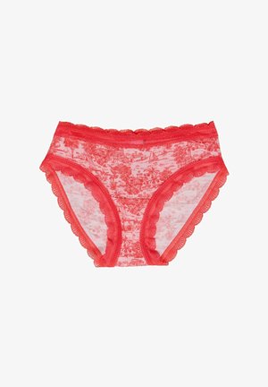 Rote Baumwollunterwäsche mit floralem Muster, gewelltem Spitzenrand und einem Design mit voller Abdeckung. Weicher Stoff mit glatter Textur.