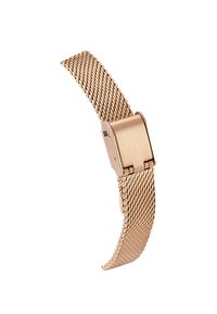 Bracelet de montre en maille dorée rose avec une surface texturée, doté d'une fermeture en métal poli. Le bracelet est flexible et s'amincit vers l'extrémité.