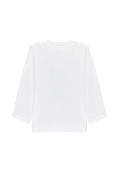 Camicia bianca a maniche lunghe con scollatura rotonda e tessuto morbido. Presenta una texture liscia e un design semplice e senza decorazioni.