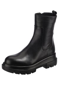 Svarta läderankelstövlar med en texturerad yta, elastiska sidopaneler och en kraftig gummisula. Klacken är något förhöjd för ökad stabilitet.