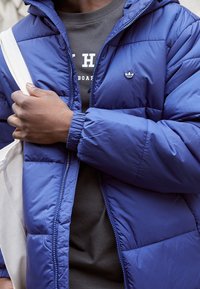 Blå puffjacka med huva, elastiska ärmslut och en liten broderad logotyp på bröstet. Bärs över en mörk grafisk t-shirt.