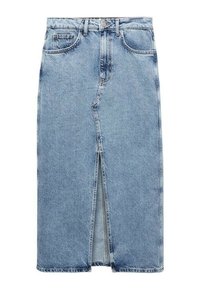 Vaaleansininen denim-maksihame, jossa on etuhalkio, viisi taskua, nappikiinnitys ja vyölenkit. Hameessa on haalistunut pesu ja suora leikkaus.