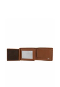 Portefeuille en cuir marron à trois volets ouvert, montrant un emplacement pour carte noir, une fenêtre d'identification claire et une poche à pièces avec logo blanc en relief.