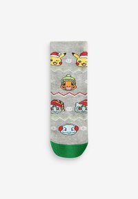 Calzini grigi con design dei personaggi di Pikachu, Charmander e Squirtle, con accenti rossi e verdi e motivi a zigzag.