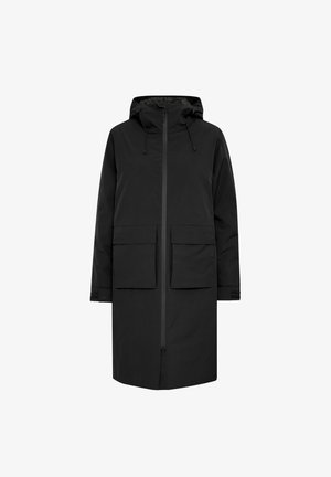 Black parka jacket with a zip closure, adjustable hood, and two large front pockets. Constructed from smooth, water-resistant material.