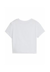 Hvid cropped t-shirt, korte ærmer, rund halsudskæring, lavet af bomuld, glat tekstur, uden synlige mønstre eller grafik.
