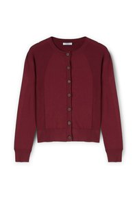 Burgundské pletené cardigan s žebrovanými detaily, kulatým výstřihem a předním zapínáním na šest tmavých knoflíků. Součástí jsou dlouhé rukávy.