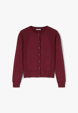 Burgundy knit cardigan featuring ribbed detailing, rounded neckline, and front button closure with six dark buttons. Long sleeves included.