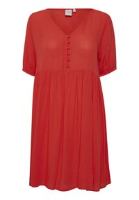 Robe rouge, longueur genou, avec un décolleté en V, des manches courtes bouffantes et des boutons décoratifs sur le devant. Fabriquée dans un tissu léger et fluide.
