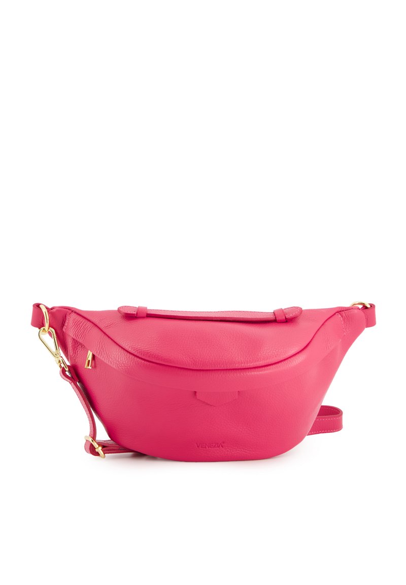 Różowa skórzana torebka crossbody o zaokrąglonym kształcie, z złotymi akcentami wykończeniowymi oraz zamkiem błyskawicznym na górze. Posiada odczepiany pasek dla większej wszechstronności.