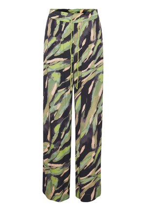 Pantalones de pierna ancha en una tela ligera con un patrón abstracto en verde, negro y crema, con una cintura ajustable mediante cordón.