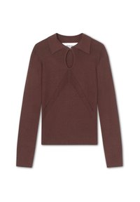 Brown knit sweater with a collared neckline and keyhole detail. Features a geometric design on the front and long sleeves.