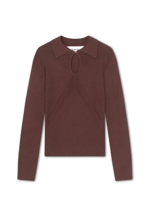 Brown knit sweater with a collared neckline and keyhole detail. Features a geometric design on the front and long sleeves.