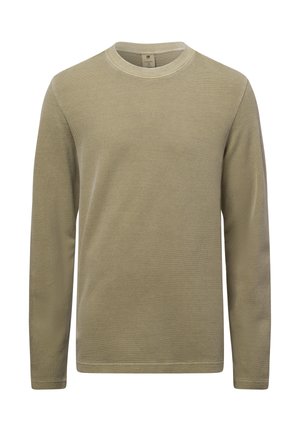 T-shirt a maniche lunghe color oliva chiaro con scollatura rotonda, tessuto testurizzato e logo ricamato sottile sul petto.